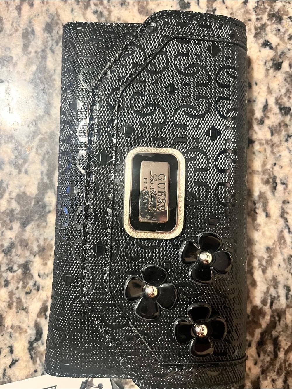 GUESS Black Floral Logo Wallet Phone Case with Gold Plate